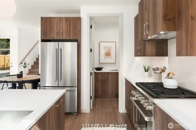 Gas Stove and Custom Hood, Integrated Dishwasher, French Door Style Refrigerator