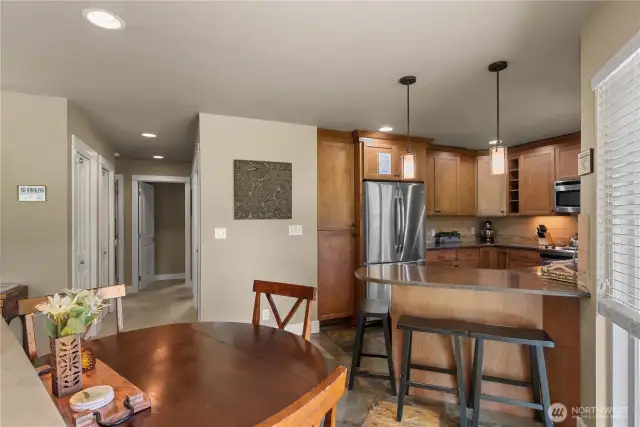 Dining room, kitchen, and hallway