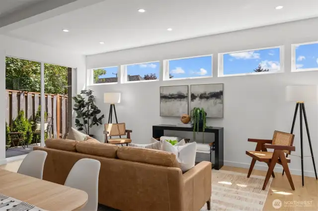 Custom remote controlled blinds on all windows.