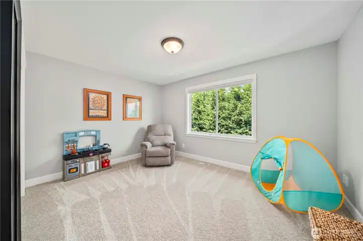 Light-filled bedroom with plush carpet, neutral tones, and peaceful backyard views.