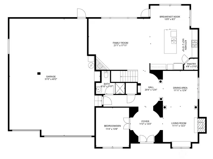 Main level features open living spaces, a chef’s kitchen, and a versatile bedroom or den with 3/4 bath.