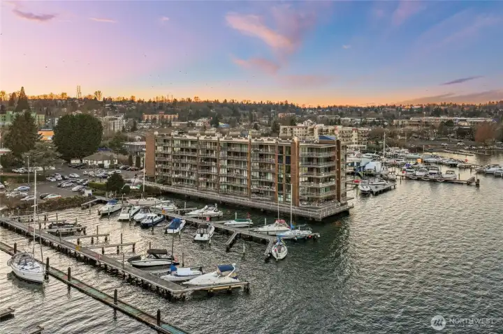 Aerial perspective highlighting the condo’s prime waterfront location.