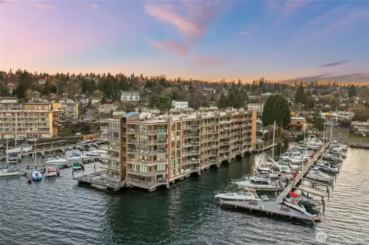 Aerial view of Spinnaker Bay Condominiums nestled among marinas and open water.