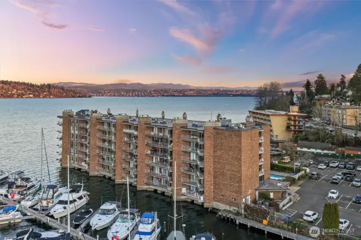 Elevated view showcasing the building’s direct connection to Lake Washington.