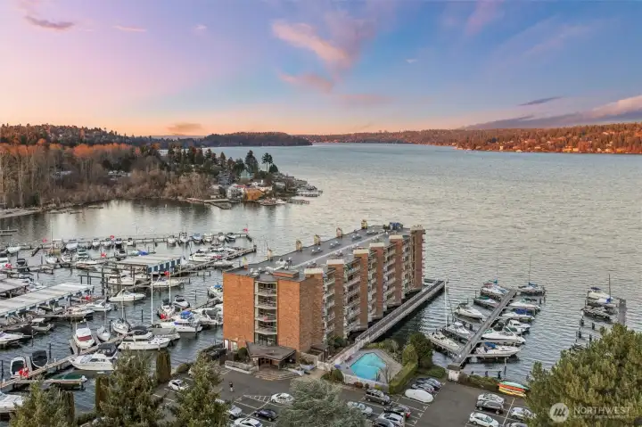 Wide aerial shot capturing the surrounding waterways and peaceful setting.