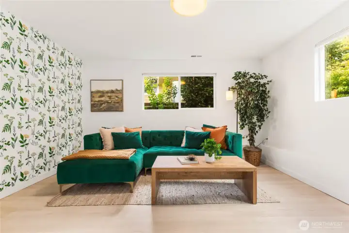 Light-filled daylight basement family room