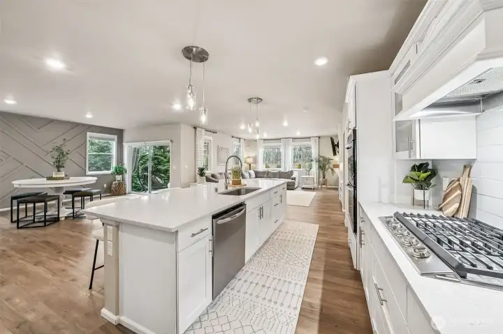 View from kitchen of dining and great room.