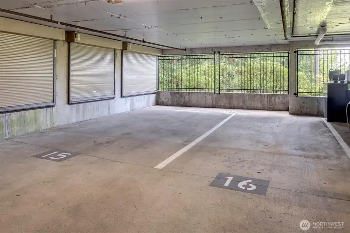 Side by side parking spaces in the secured garage.