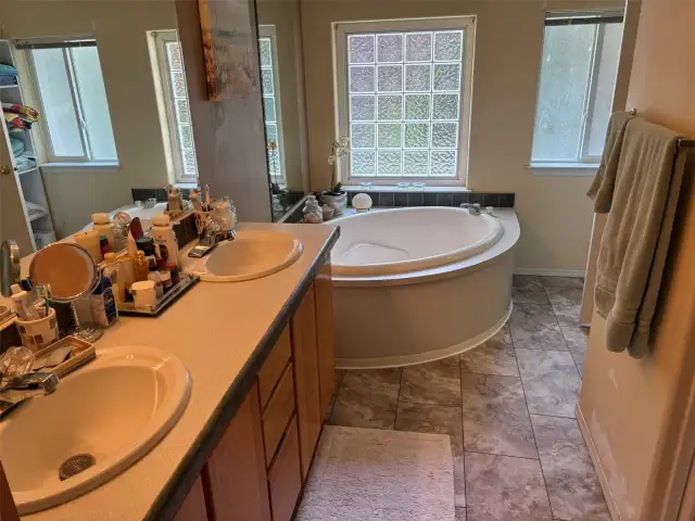 Main full bathroom with tub and walk-in shower and double sinks.