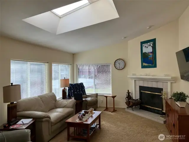 Living Room and Fireplace with cathedral ceiling and skylight for lots of light.