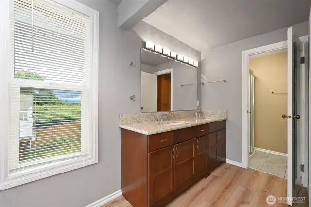 Double sink vanity with granite countertop