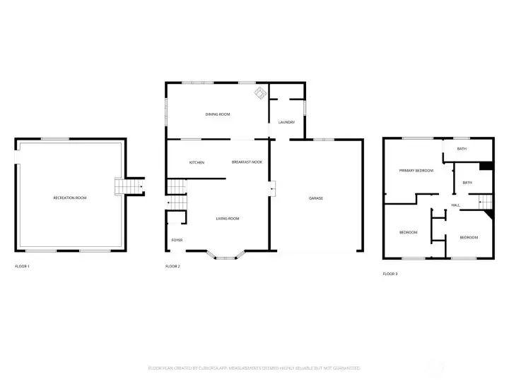 FLOOR PLAN | Enter on the main level, go downstairs to a huge rec room and upstairs to bedrooms & bathrooms.