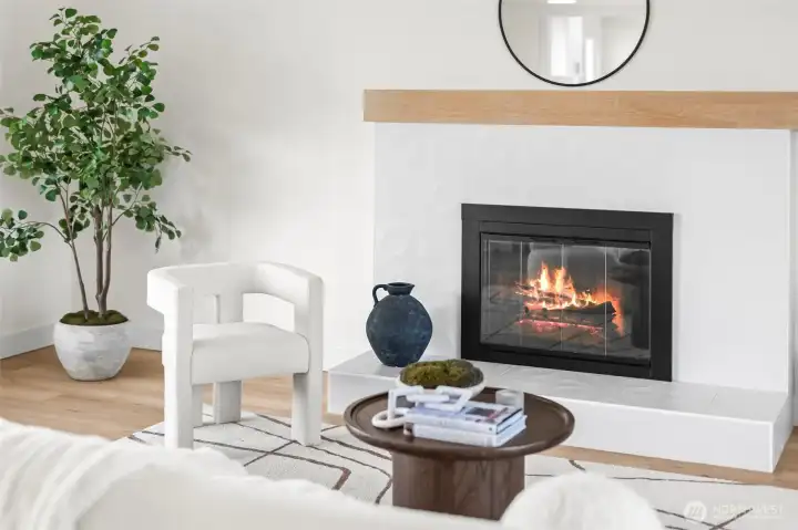 Custom tiled fireplace with mantle
