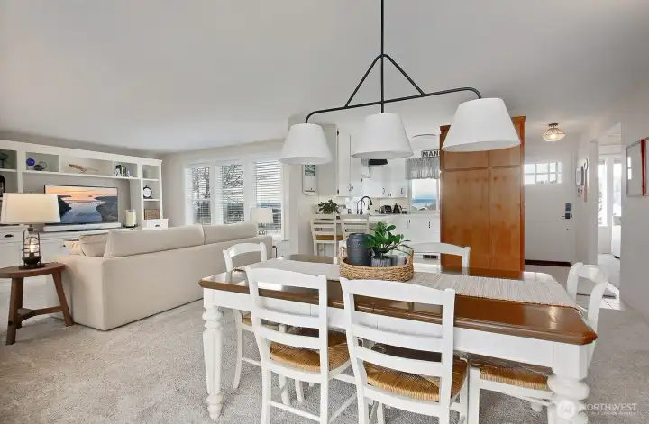 Next to the kitchen and dining area is the family room