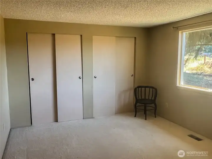 Primary bedroom with double closet and view to the acreage.