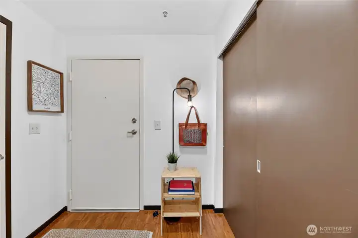 Ample closet space off the entry to keep possessions tucked out of sight. Ample closet space off the entry to keep possessions tucked out of sight.