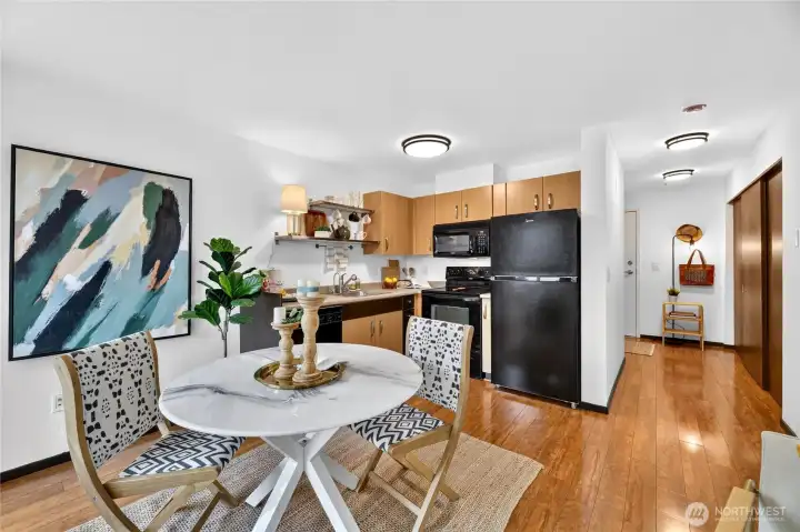 Studio has enough room to accomendate 42 inch dining table. Studio has enough room to accomendate 42 inch dining table.
