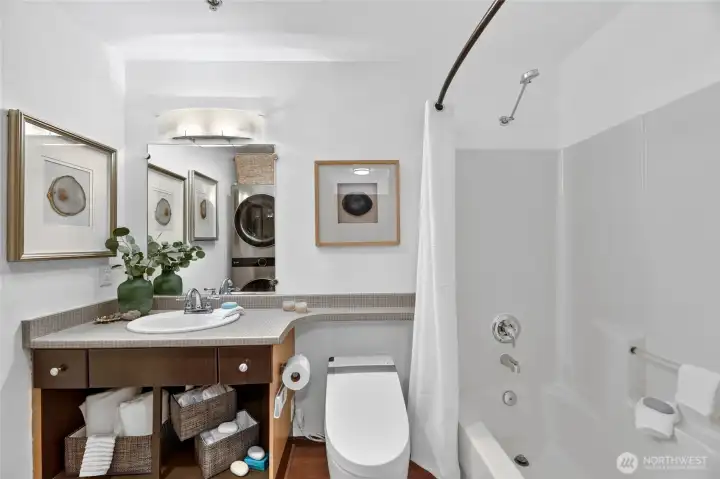 along side the tub & showere there is a Modern Japanses style toliet with advanced bidet with adjustable heated water, fan and seat. along side the tub & showere there is a Modern Japanses style toliet with advanced bidet with adjustable heated water, fan and seat.