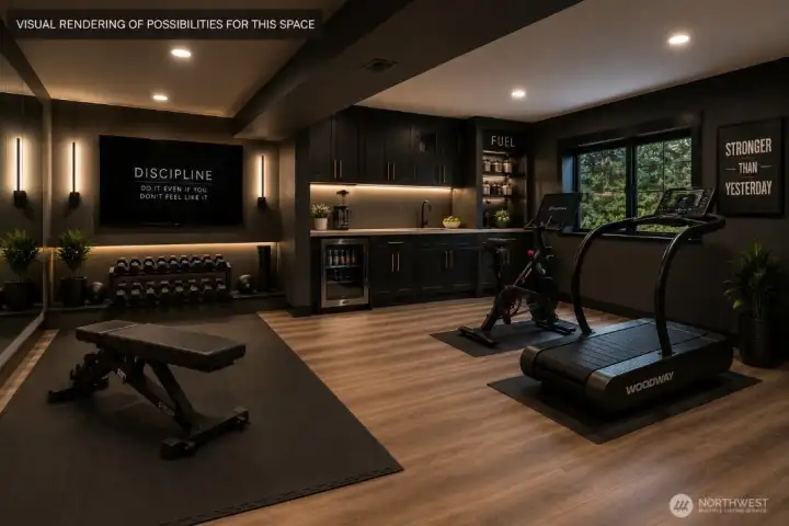 Sick of going to the gym? Another AI rendering of turning the lower living room into a luxurious Home gym.