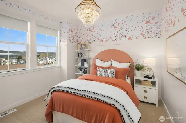 Bedroom located on upper floor with westerly views, stunning chandelier and custom millwork wall details