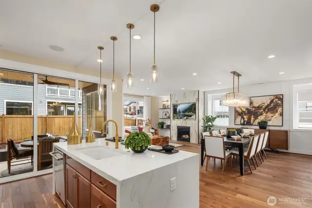 Center island features 3cm quartz with waterfall edges