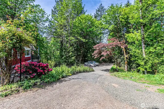 Looking down the very private drive from this home