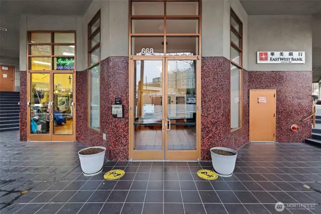 Secured entrance with call box.