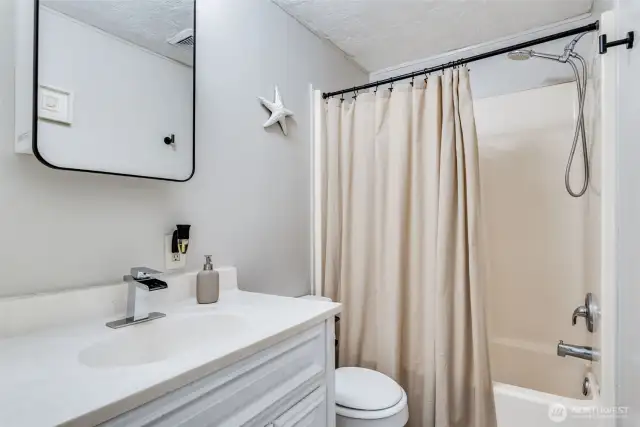 Full guest bathroom with shower/tub combo w/NEW: vanity, toilet, medicine cabinet & lighting.