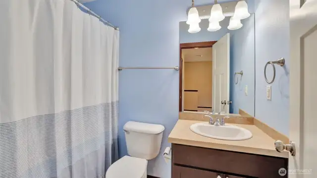 The full hall bath perfect for the 2 bedrooms to use.  The doors through out the home are wood white panel doors.