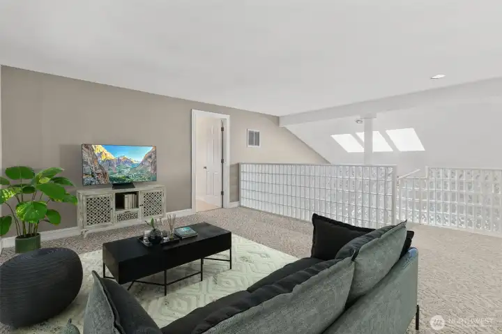 Virtually staged loft area.