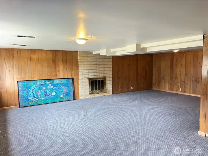 Lower level open space, wood burning fire place
