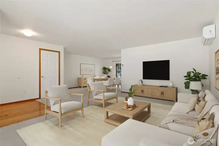 Living room to Dining area virtually staged.