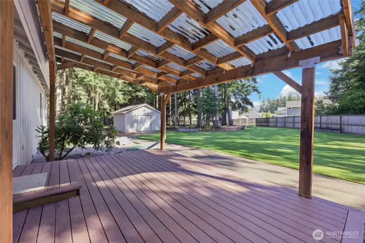 Covered back porch and SHOP in view.