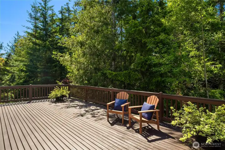 A spacious deck overlooks protected green space and provides direct access to the flat backyard, offering a peaceful setting with plenty of room to relax, entertain, and play.
