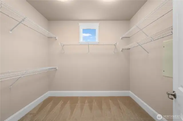 Spacious primary walk-in closet with a window for helpful natural light.