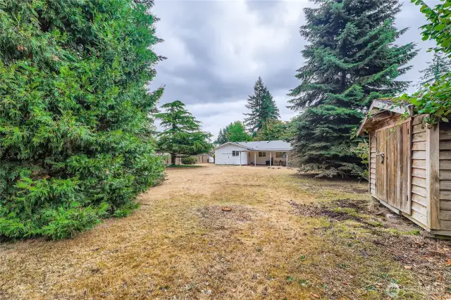 Deep backyard with open lawn space, mature trees, and room for gardening, play, or future projects