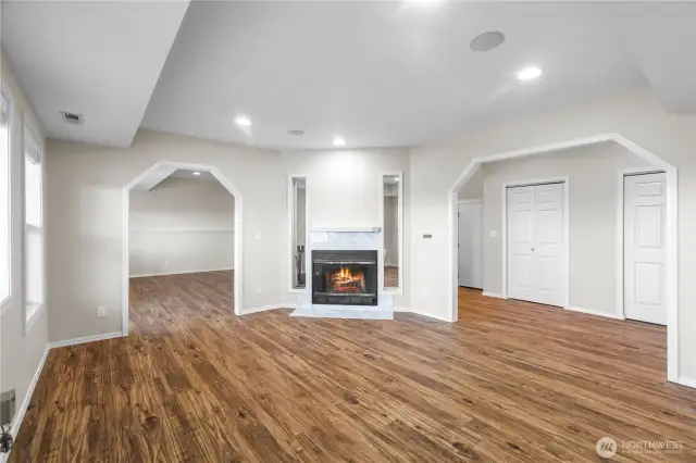 Large family room with wood fireplace