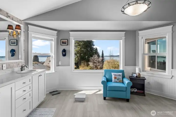 Primary bath with water view, plumbed for tub with double-sinks and walk-in shower