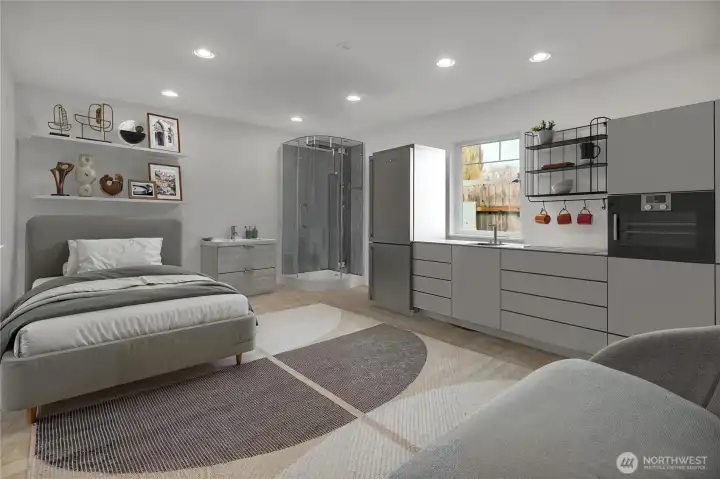 Staged - potential Living space use of shop. Buyer to verify necessary information with city and acquire all necessary permits if authorized.