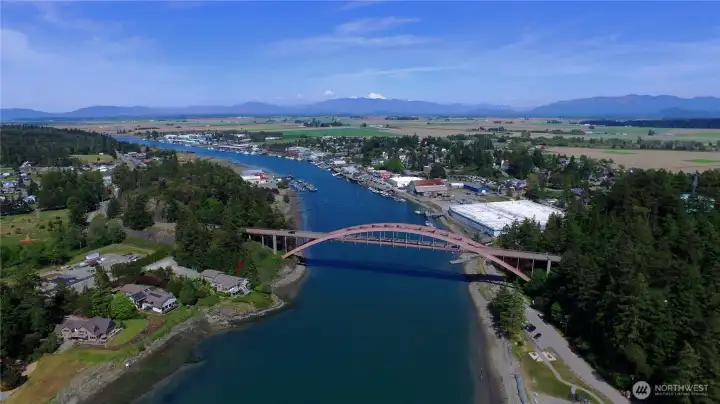 Rainbow Bridge, Swinomish Channel, Town of La Conner on the right, Skagit Valley Farmland in the background.