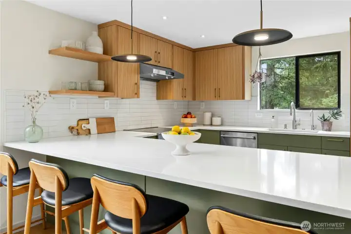 Great style here with floating shelves and sleek fixtures.