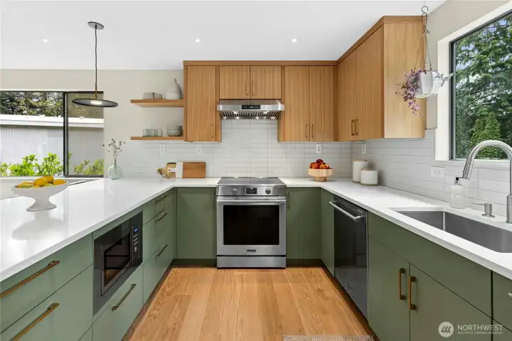 The kitchen. A SMEG microwave is built-in below to keep the countertop clear of clutter.