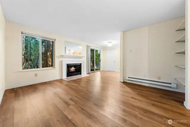 living room with wood burning fireplace