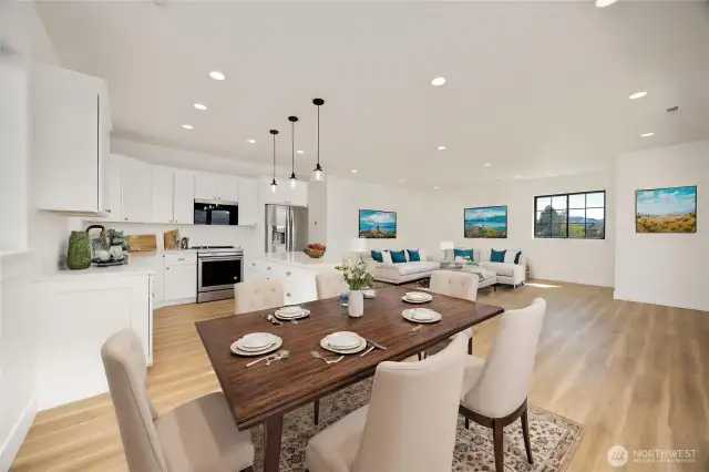 Dining, Kitchen and living room. Digitally Staged.
