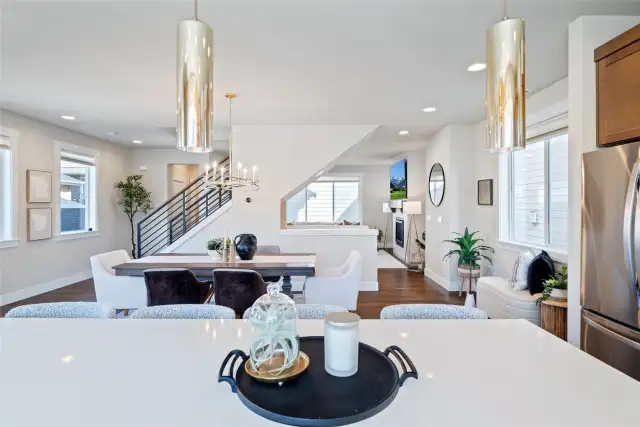 The view of the dining area from the kitchen.