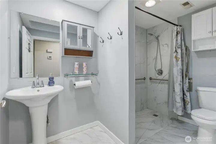 Main bath with roll in shower and grab bars