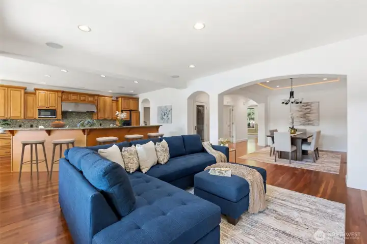 The kitchen seamlessly opens to the formal dining room and family room.