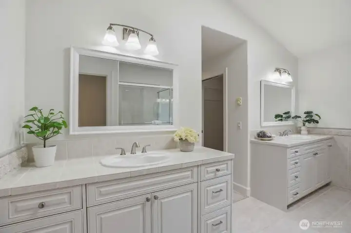 Renewed spa inspired primary bathroom.