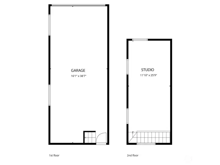 Garage floor plan and floor plan of the studio space above.