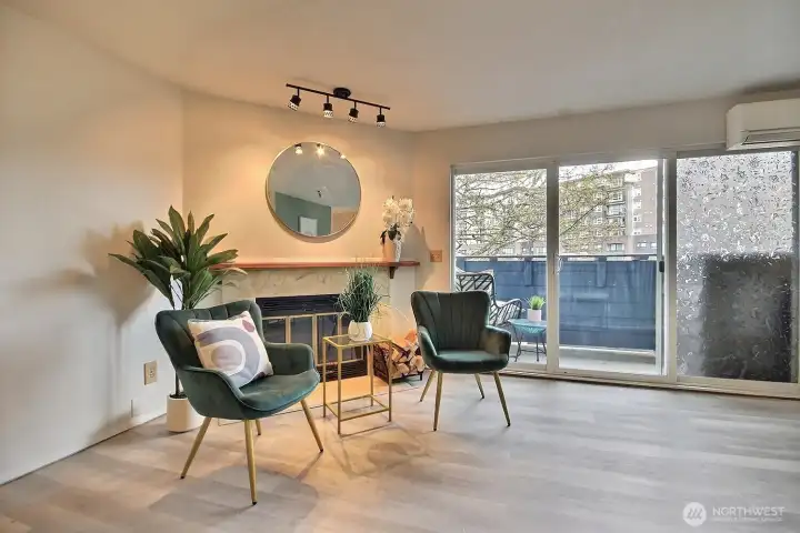 Cozy wood burning fireplace with built in blower fan to keep you warm on those chilly nights!